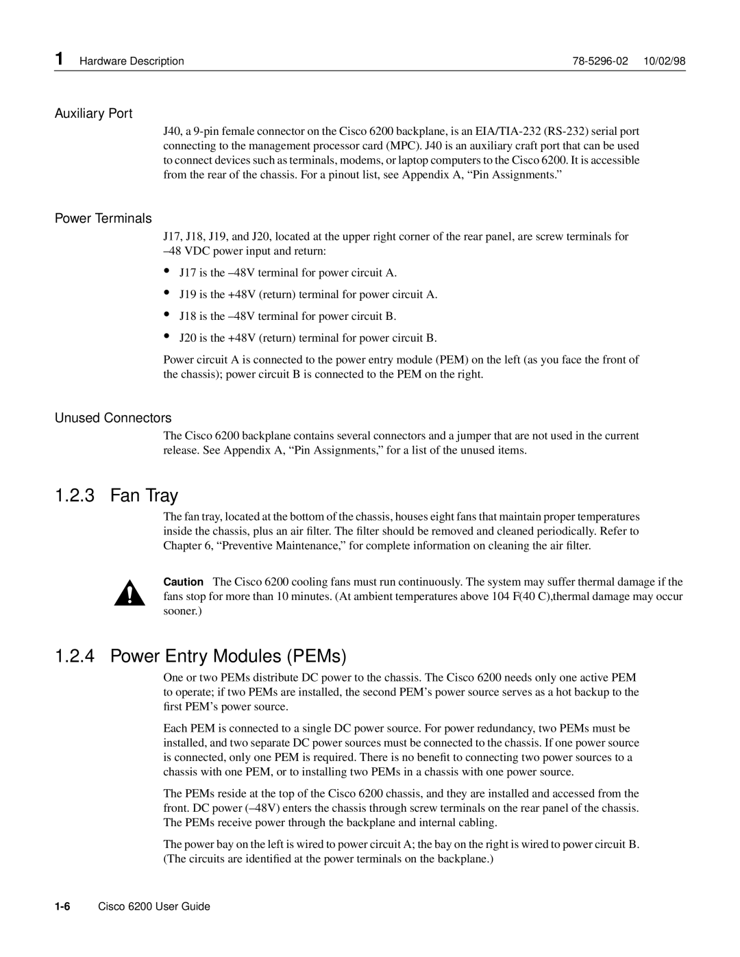 Cisco Systems 6200 appendix Fan Tray, Power Entry Modules PEMs, Auxiliary Port, Power Terminals, Unused Connectors 