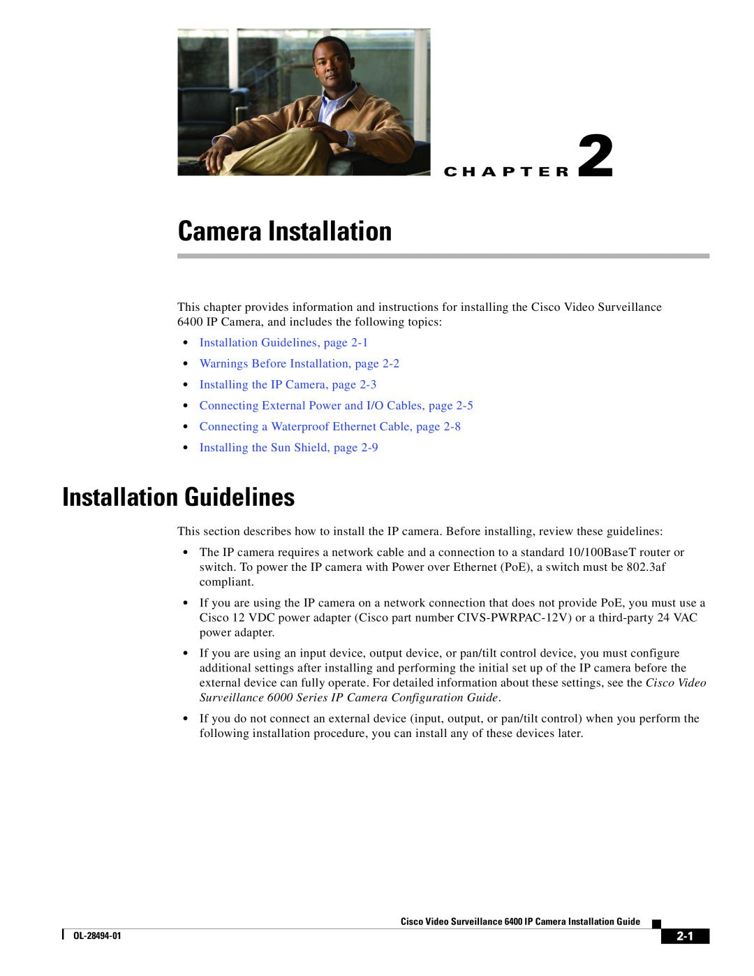 Cisco Systems 6400 manual Camera Installation, Installation Guidelines, Installing the IP Camera, page, C H A P T E R 
