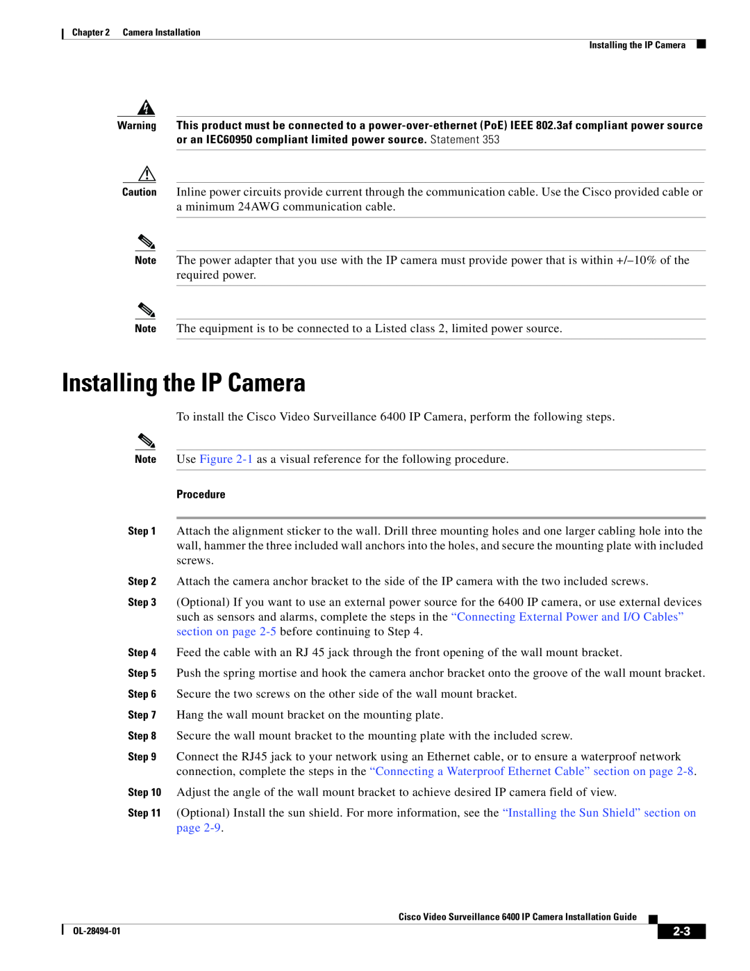 Cisco Systems 6400 manual Installing the IP Camera, Procedure 