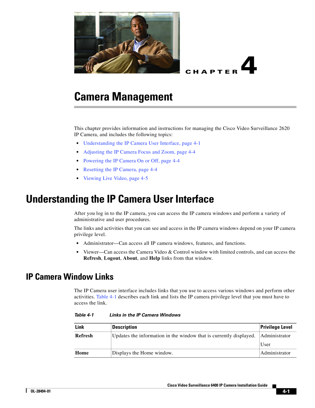 Cisco Systems 6400 Camera Management, Understanding the IP Camera User Interface, IP Camera Window Links, C H A P T E R 
