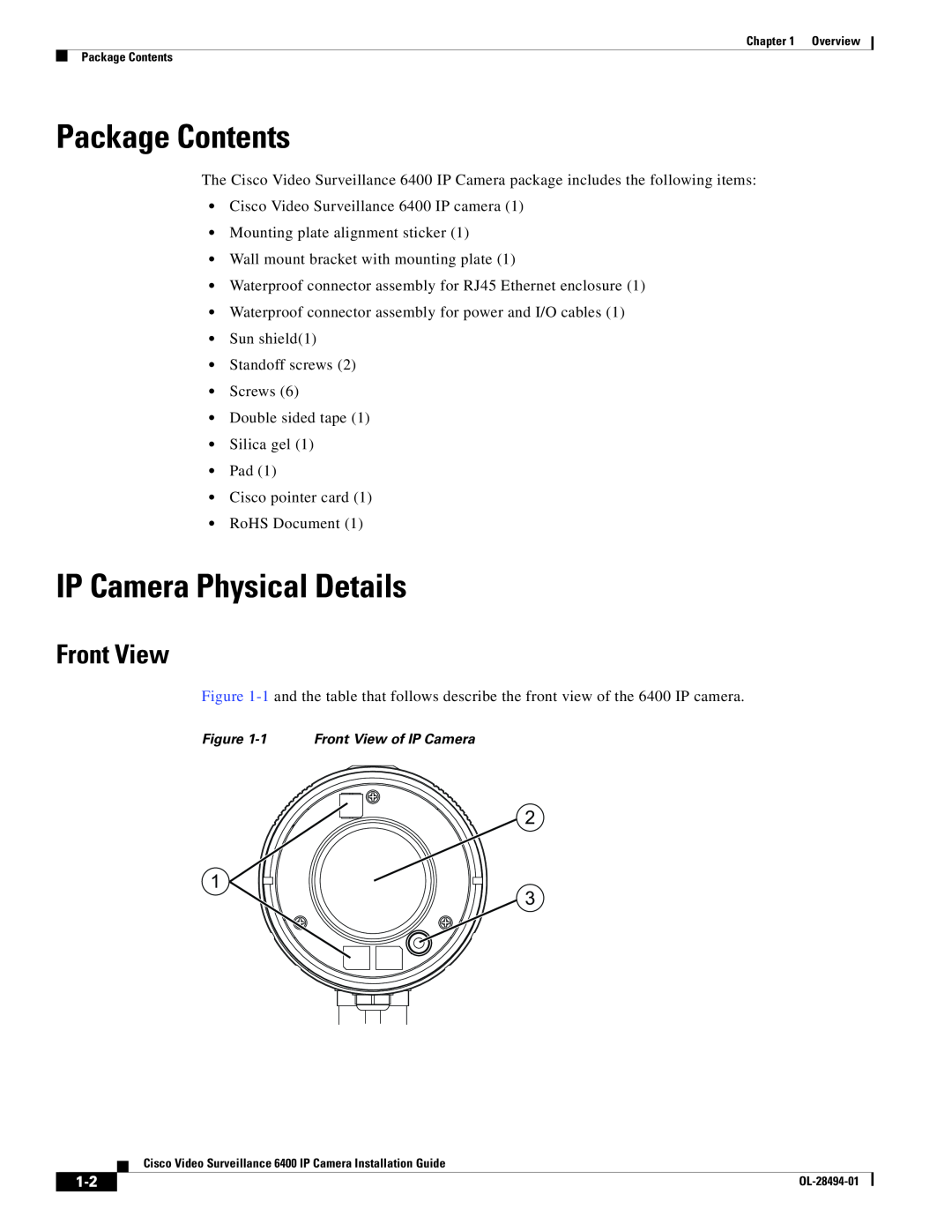 Cisco Systems 6400 manual Package Contents, IP Camera Physical Details, Front View 