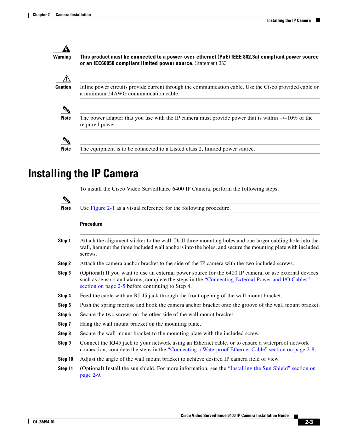 Cisco Systems 6400 manual Installing the IP Camera, Procedure 