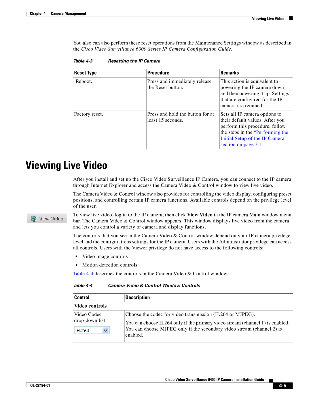 Cisco Systems 6400 manual Viewing Live Video, Reset Type Procedure Remarks, Control Description, Video controls 