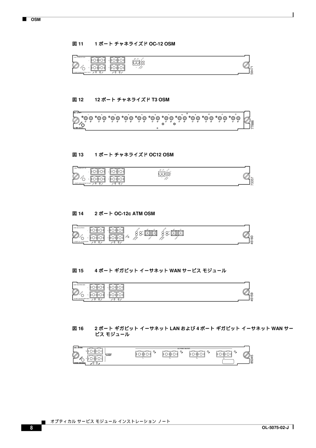 Cisco Systems 6500 VS, OL-5075-02-J manual 11 1 ポート チャネライズド OC-12 OSM, 12 12 ポート チャネライズド T3 OSM 13 1 ポート チャネライズド OC12 OSM 