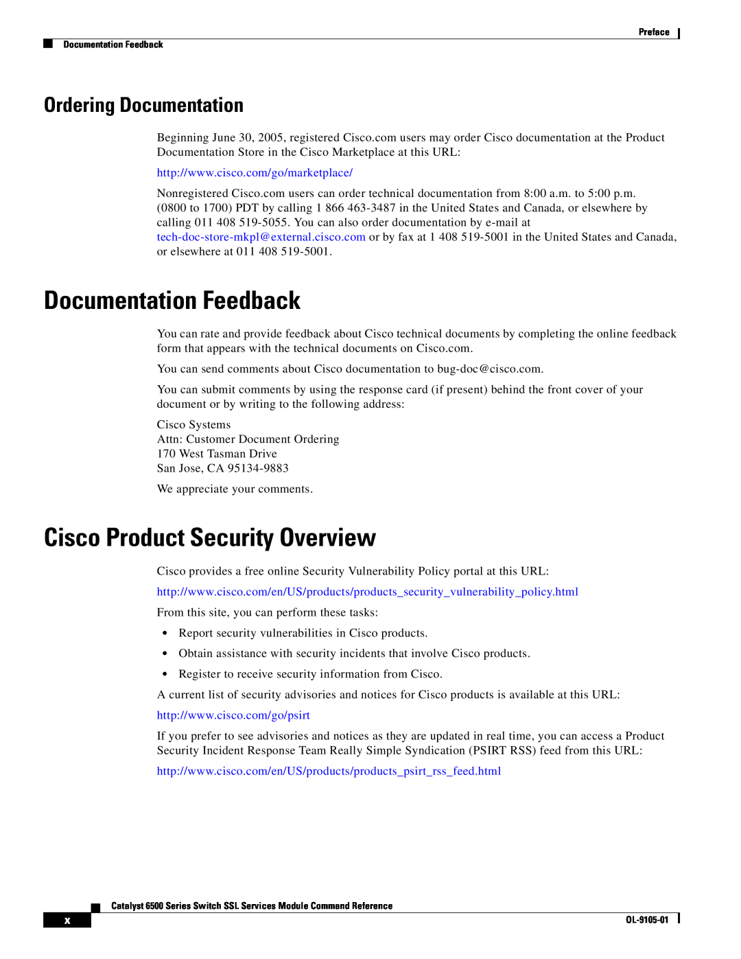 Cisco Systems 6500 manual Documentation Feedback, Cisco Product Security Overview, Ordering Documentation 