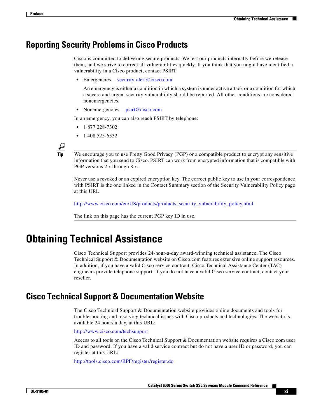 Cisco Systems 6500 manual Obtaining Technical Assistance, Reporting Security Problems in Cisco Products 