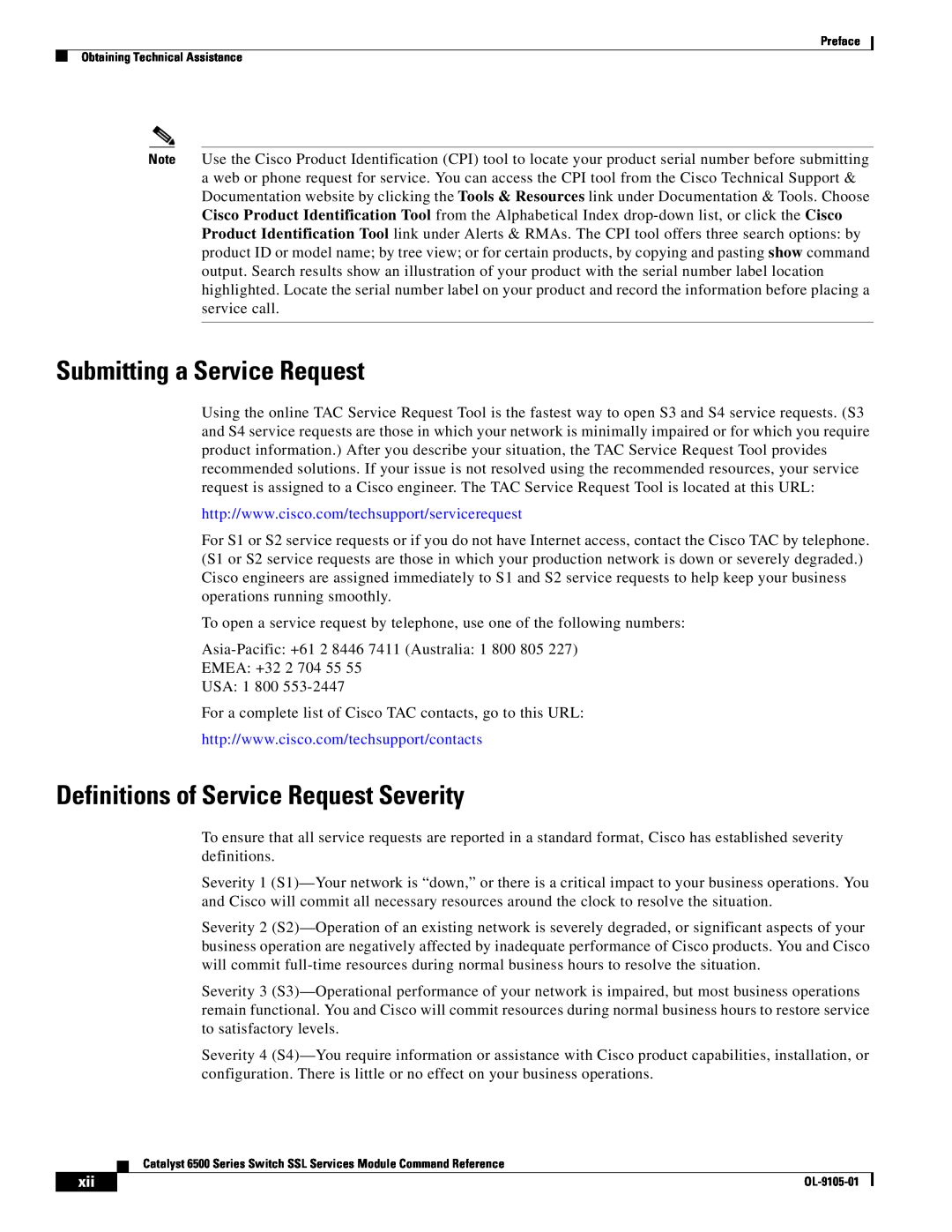 Cisco Systems 6500 manual Submitting a Service Request, Definitions of Service Request Severity 