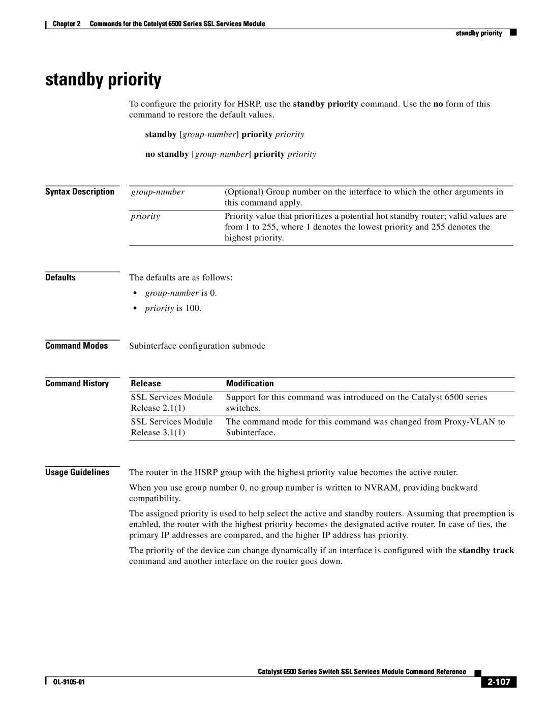 Cisco Systems 6500 manual standby priority, no standby group-number priority priority, 2-107, Syntax Description, Release 