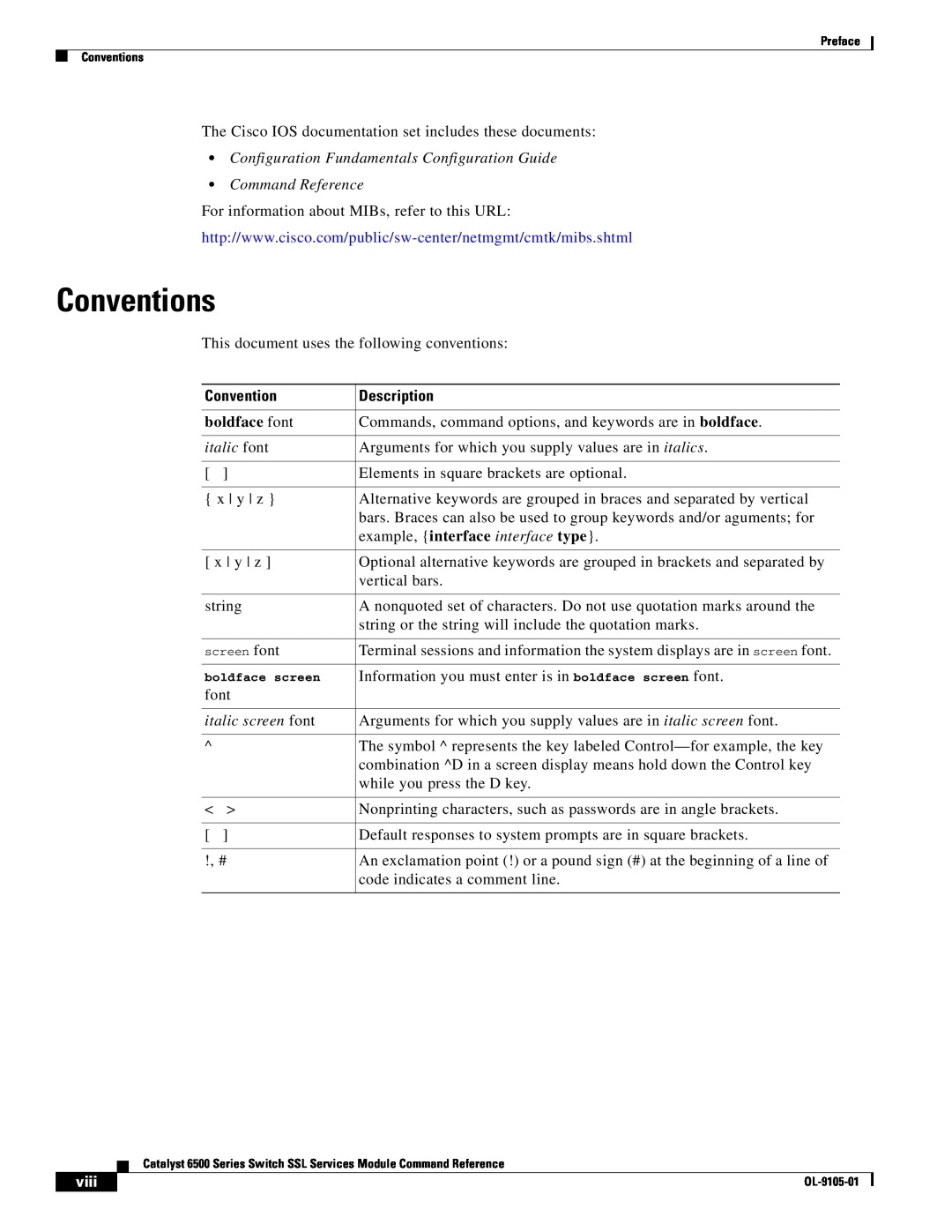 Cisco Systems 6500 manual Conventions, boldface font, example, interface interface type, viii, Description 