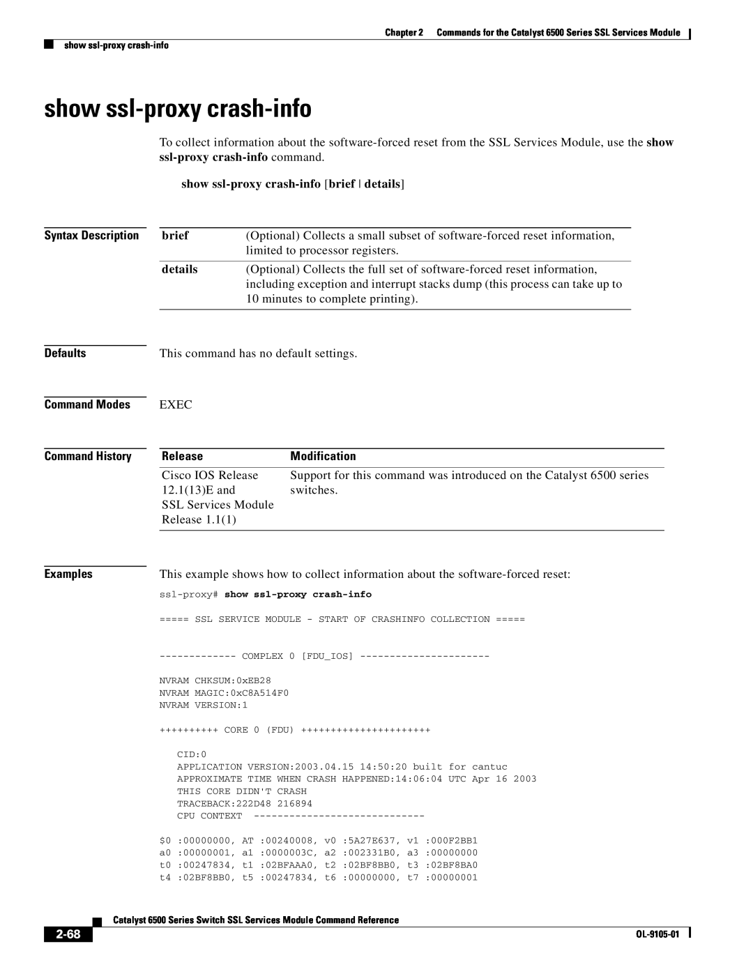 Cisco Systems 6500 show ssl-proxy crash-info brief details, 2-68, Defaults, Command Modes Command History, Release 