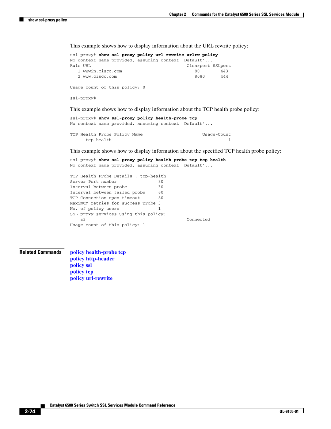 Cisco Systems 6500 manual Ssl-proxy#show ssl-proxy policy health-probe tcp tcp-health 