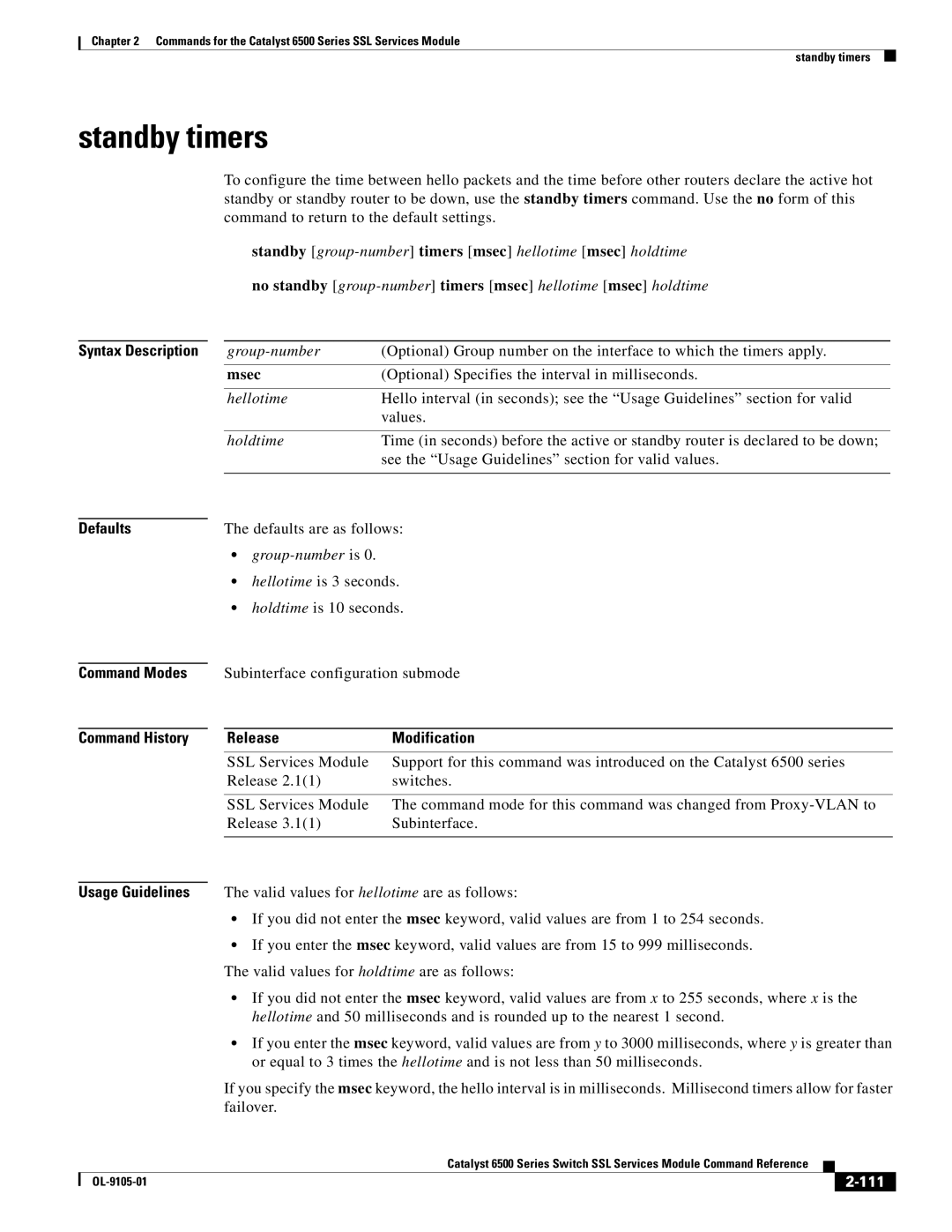 Cisco Systems 6500 manual Standby timers, Msec, Optional Specifies the interval in milliseconds, 111 