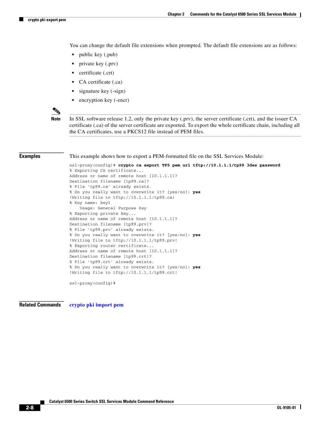 Cisco Systems 6500 manual Crypto pki import pem, Related Commands 