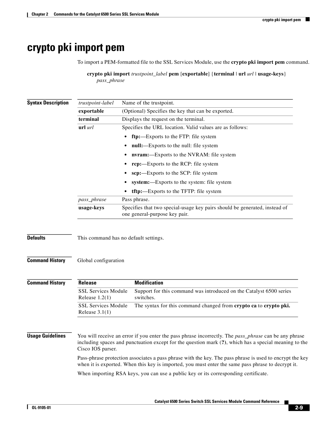 Cisco Systems 6500 manual Crypto pki import pem, Exportable, Usage-keys, Defaults Command History 