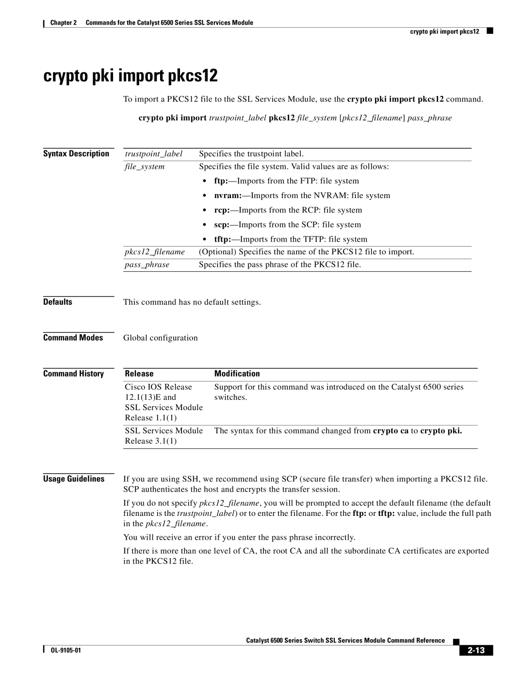 Cisco Systems 6500 manual Crypto pki import pkcs12, This command has no default settings 