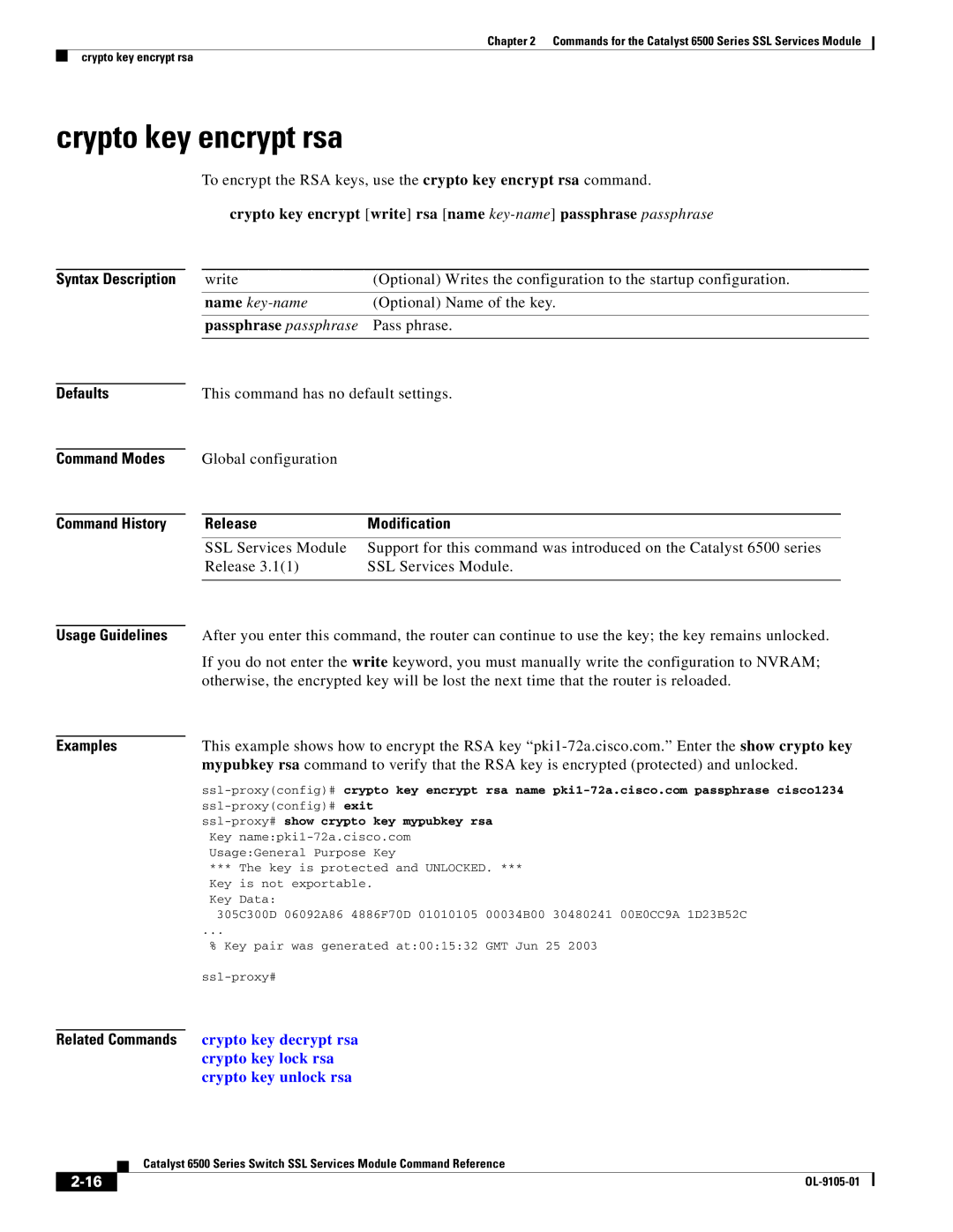 Cisco Systems 6500 manual Crypto key encrypt rsa, Crypto key decrypt rsa, Crypto key lock rsa 