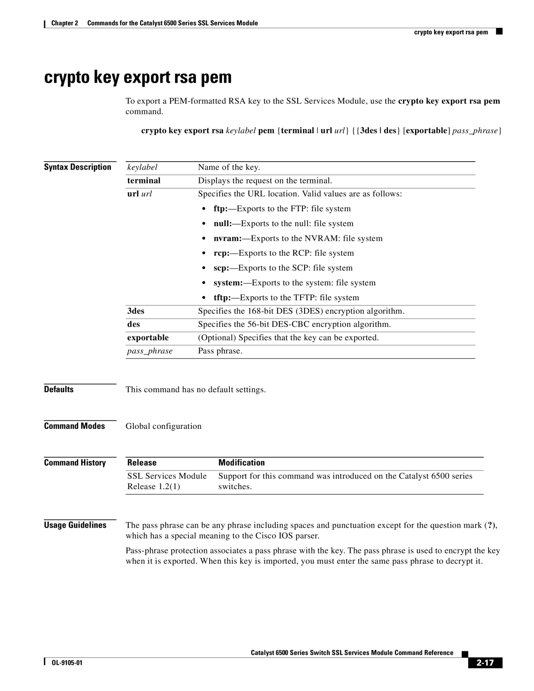 Cisco Systems 6500 Crypto key export rsa pem, Keylabel Name of the key, Optional Specifies that the key can be exported 