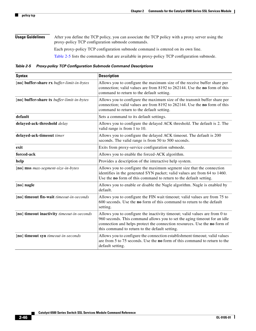 Cisco Systems 6500 manual Delayed-ack-threshold delay, Delayed-ack-timeout timer, Forced-ack, No nagle 