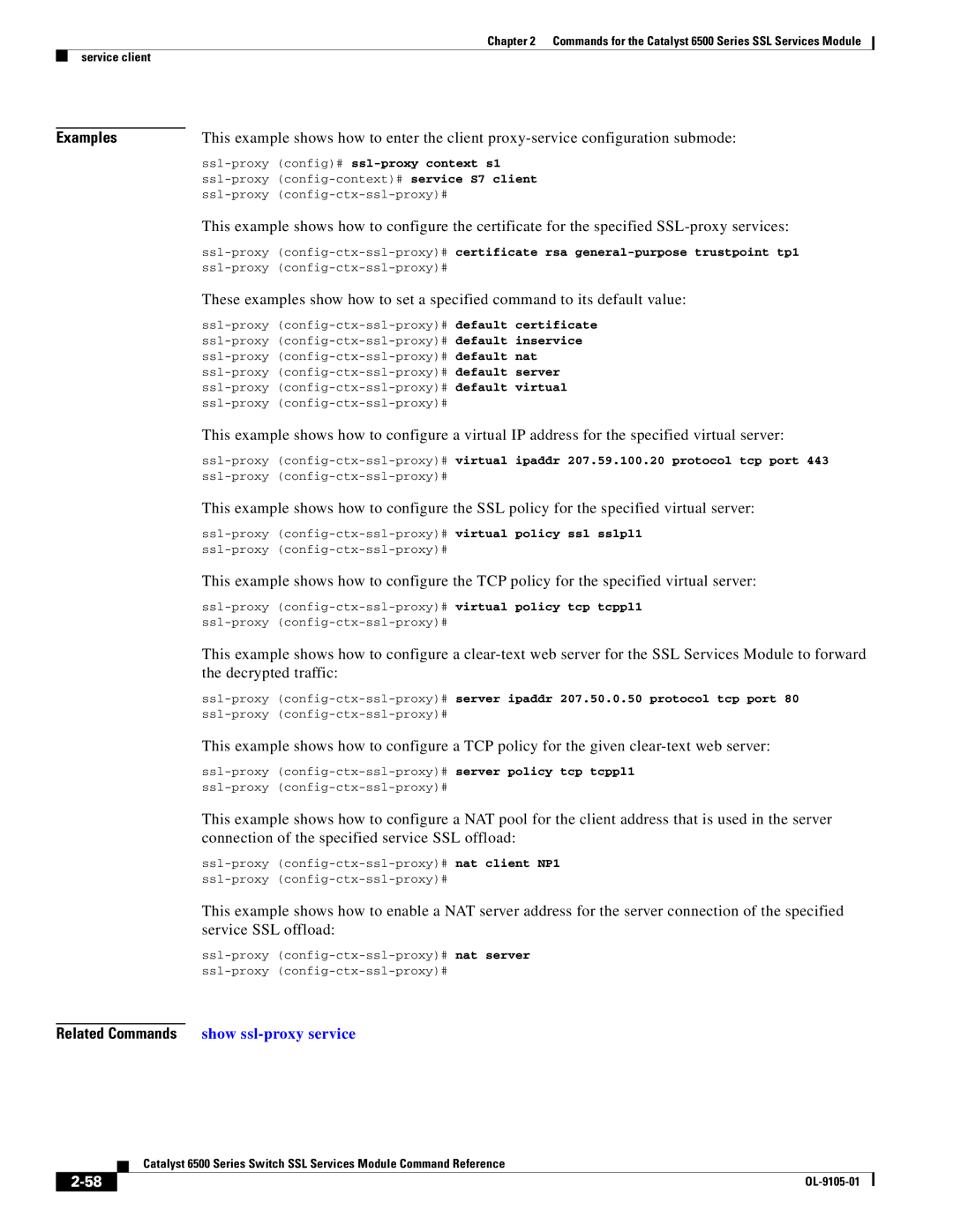 Cisco Systems 6500 manual Ssl-proxy config-ctx-ssl-proxy# server policy tcp tcppl1 