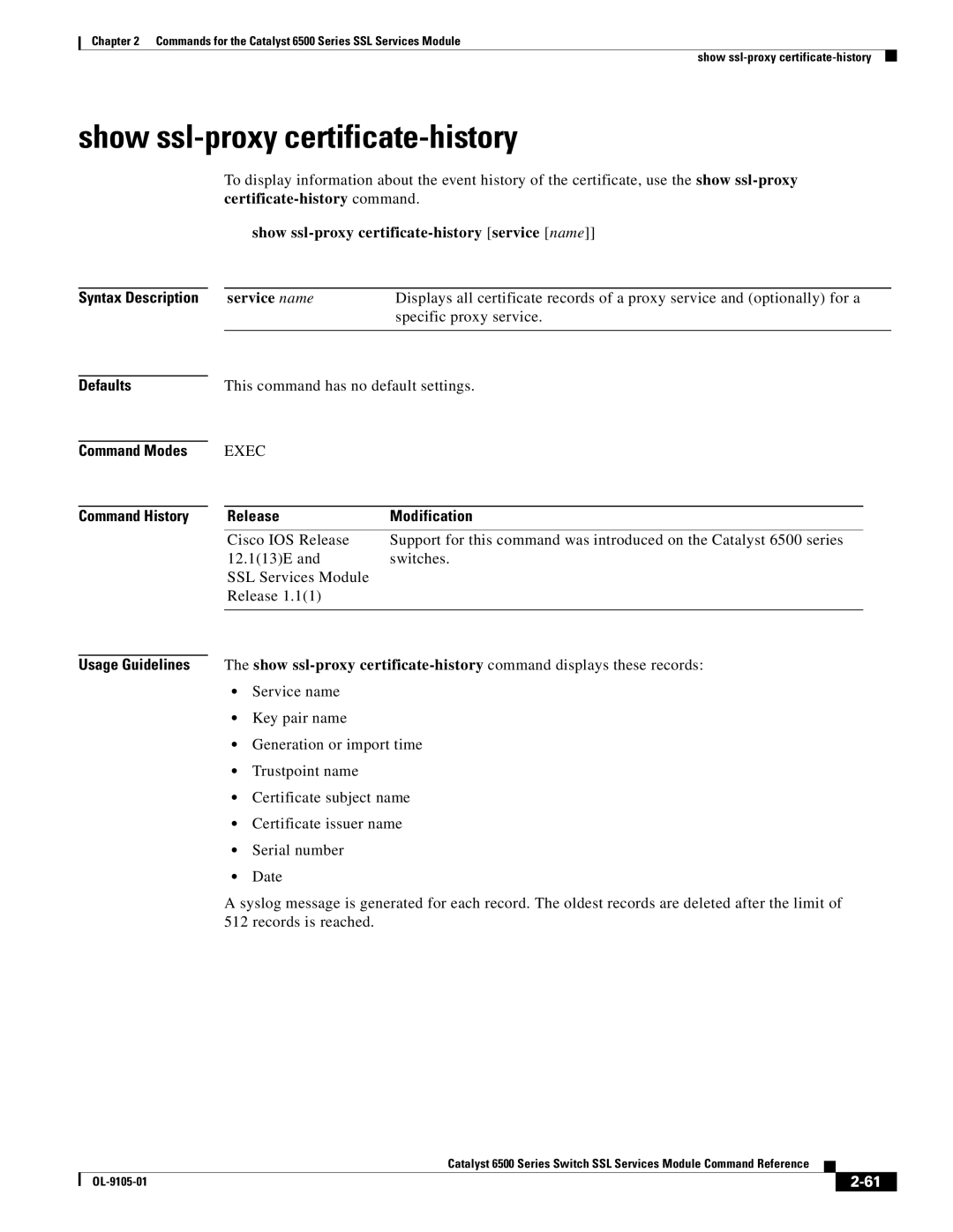 Cisco Systems 6500 manual Show ssl-proxy certificate-history service name, Service name, Specific proxy service 