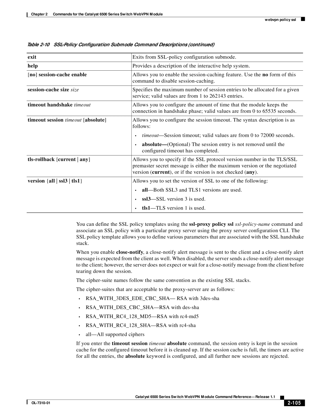 Cisco Systems 6500 manual Help, No session-cache enable, Session-cache size size, Timeout handshake timeout 