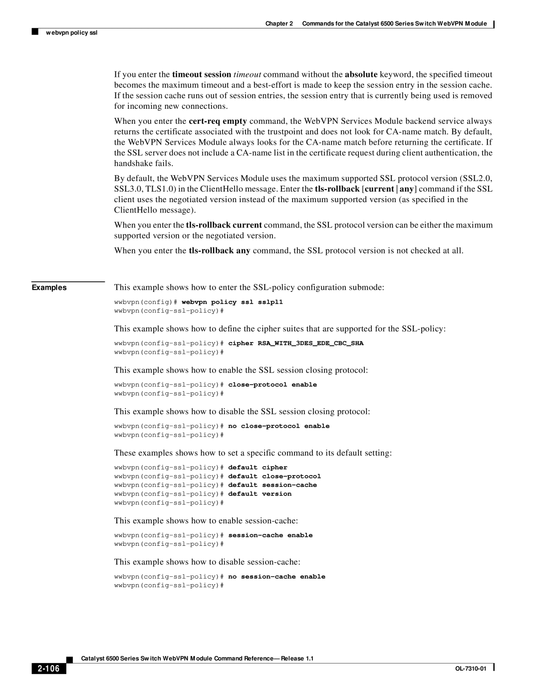 Cisco Systems 6500 manual This example shows how to enable session-cache, This example shows how to disable session-cache 