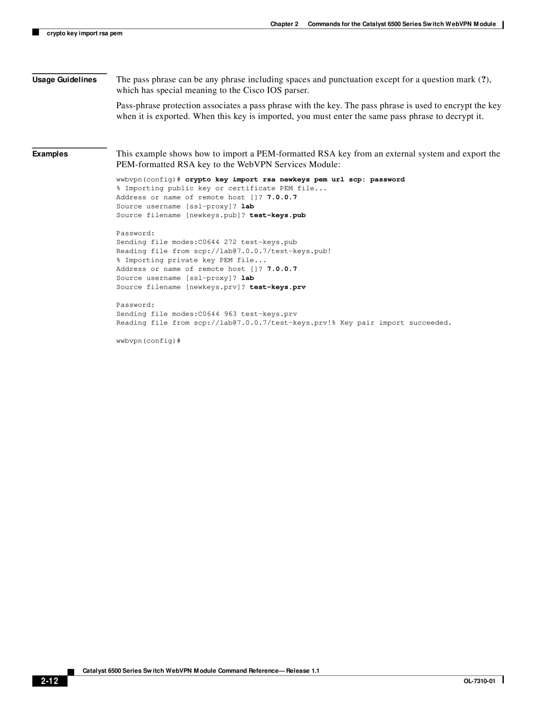 Cisco Systems 6500 manual PEM-formatted RSA key to the WebVPN Services Module 