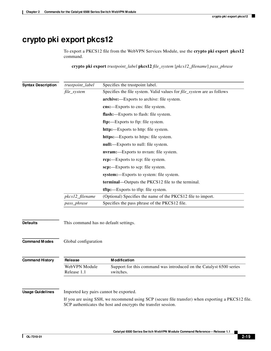 Cisco Systems 6500 manual Crypto pki export pkcs12 