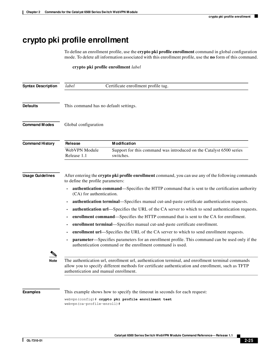 Cisco Systems 6500 manual Crypto pki profile enrollment label, Webvpnconfig# crypto pki profile enrollment test 