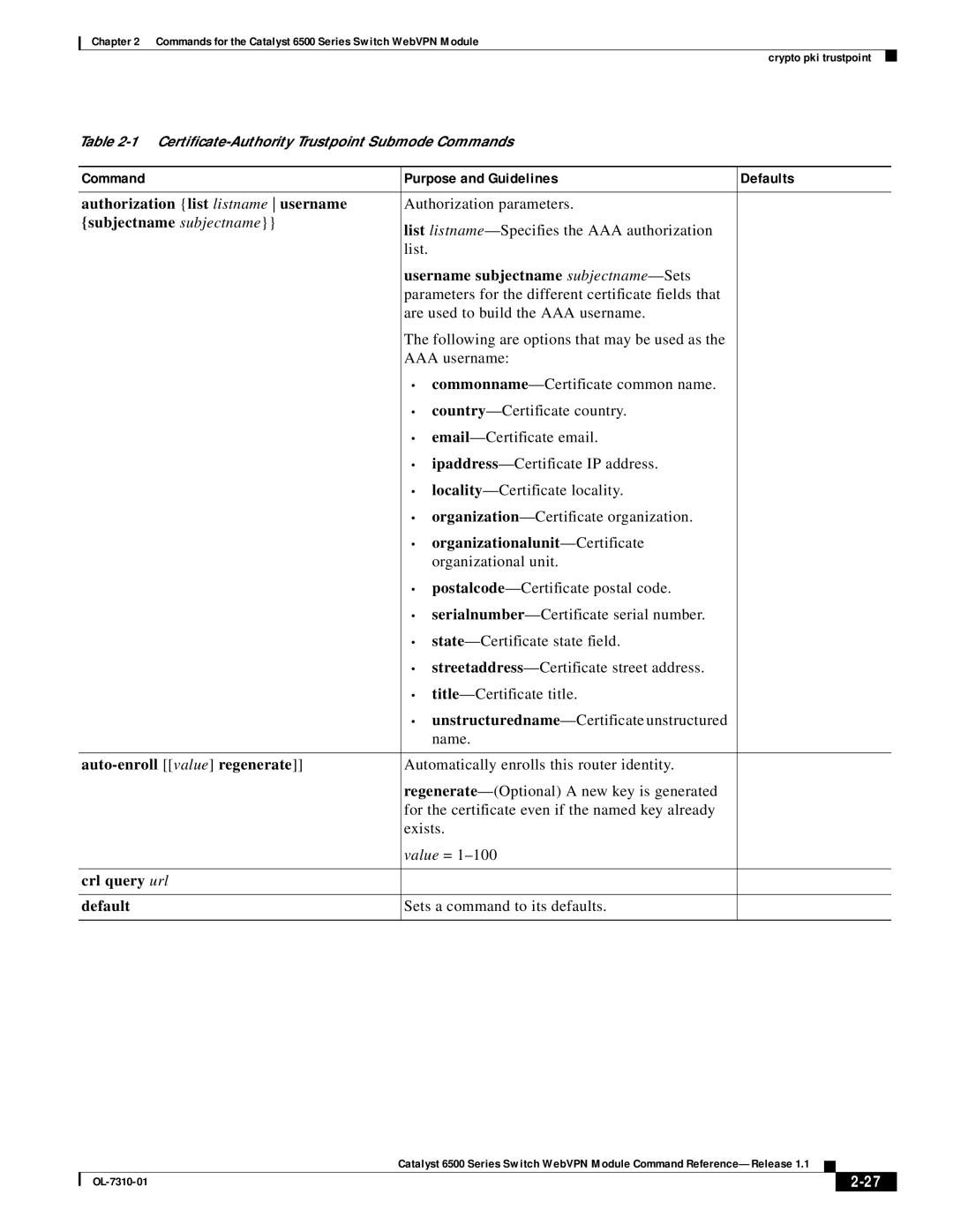 Cisco Systems 6500 manual Command Purpose and Guidelines Defaults 