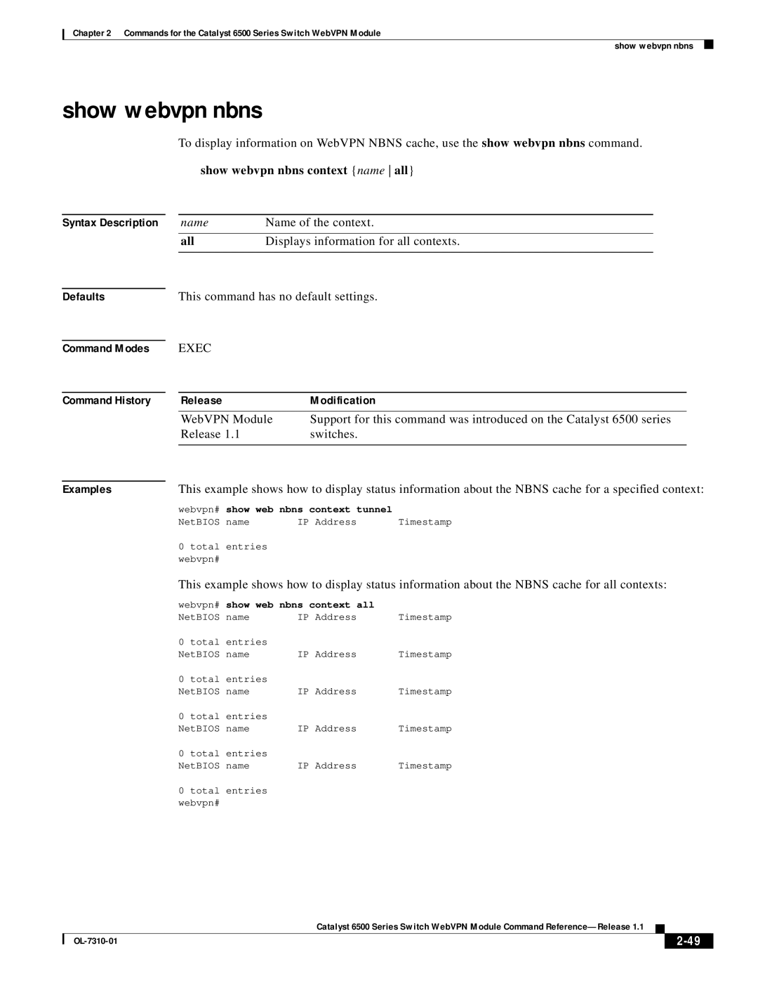 Cisco Systems 6500 manual Show webvpn nbns context name all, All, Show web nbns context all 