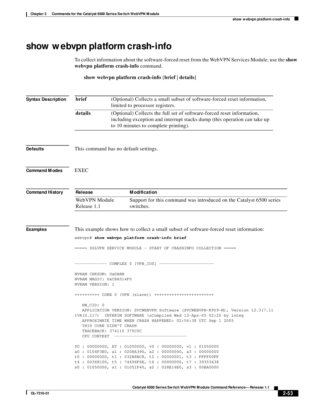 Cisco Systems 6500 manual Show webvpn platform crash-info brief details, Brief, Details 