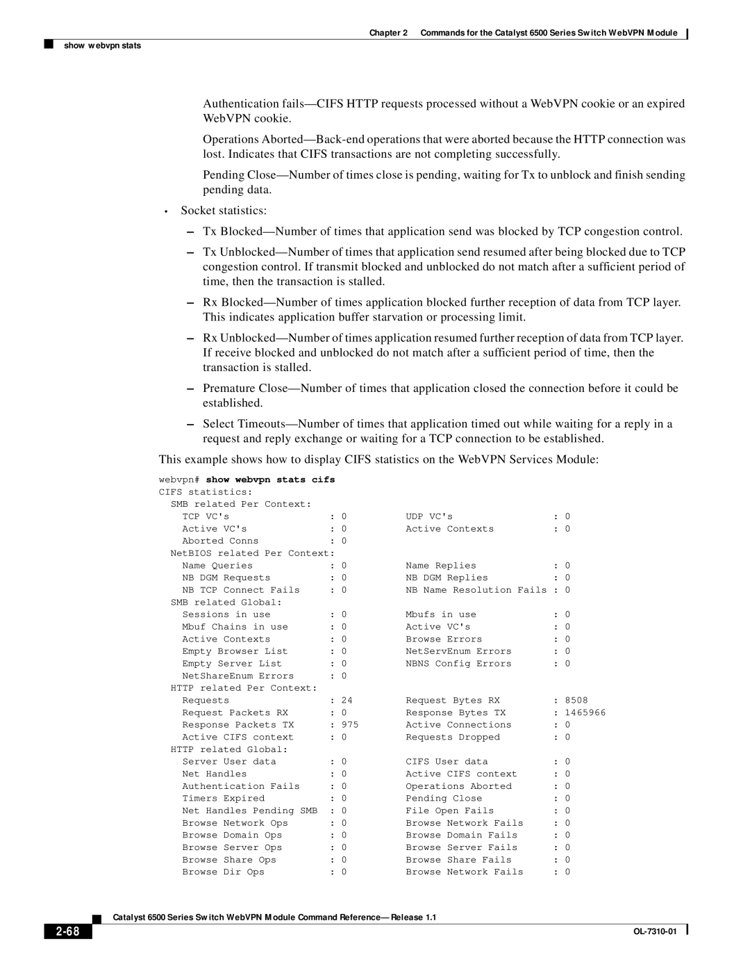 Cisco Systems 6500 manual TCP VCs Active VCs Aborted Conns 