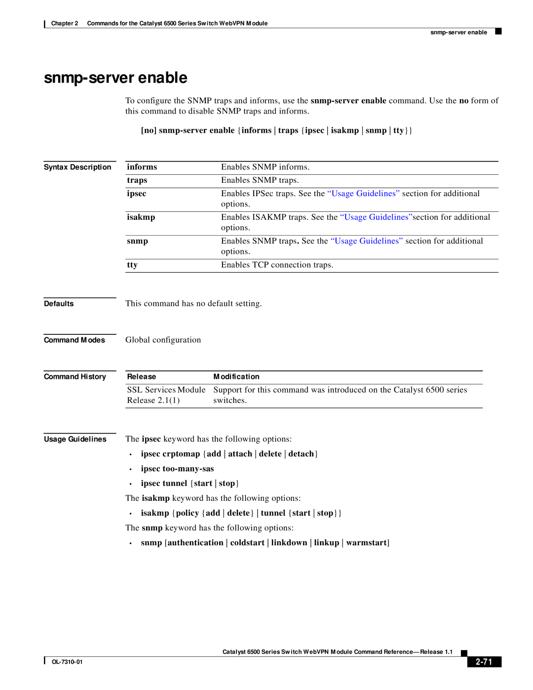 Cisco Systems 6500 manual Snmp-server enable 