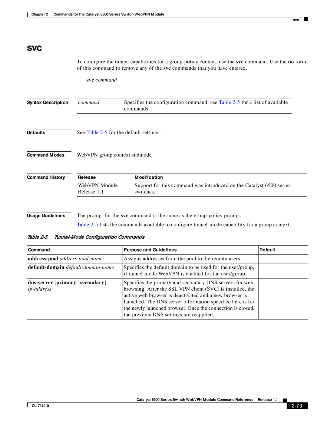 Cisco Systems 6500 manual Svc, Command Modes WebVPN group context submode, Command History Release Modification 