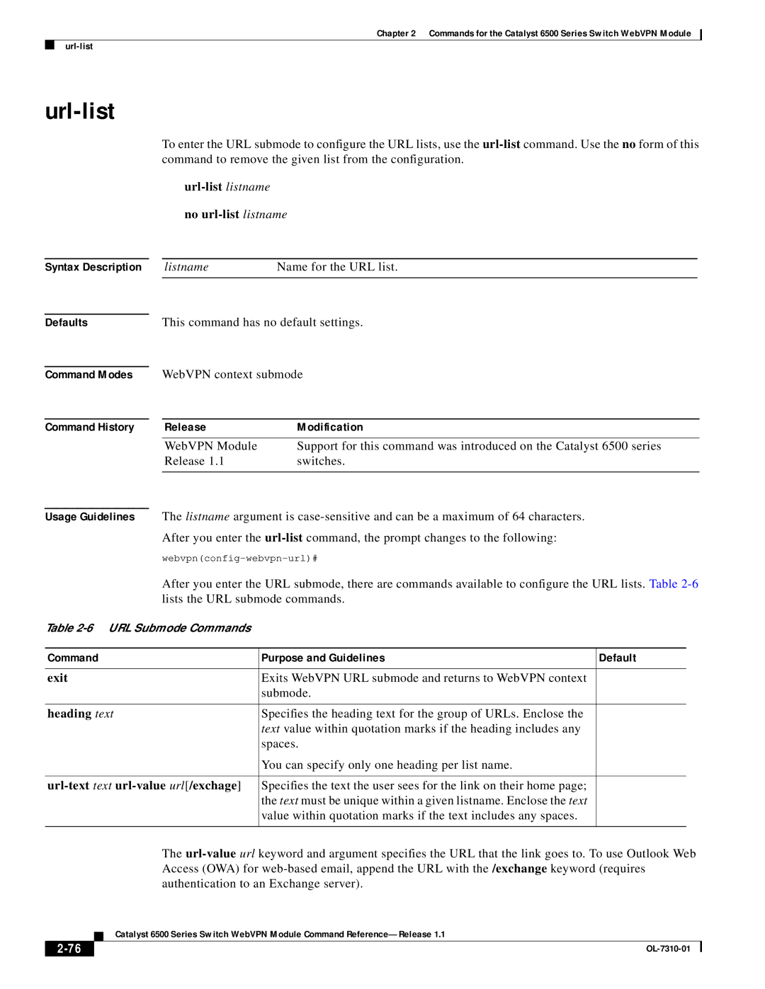 Cisco Systems 6500 manual Url-list listname no url-list listname, Heading text, Url-text text url-value url/exchage 