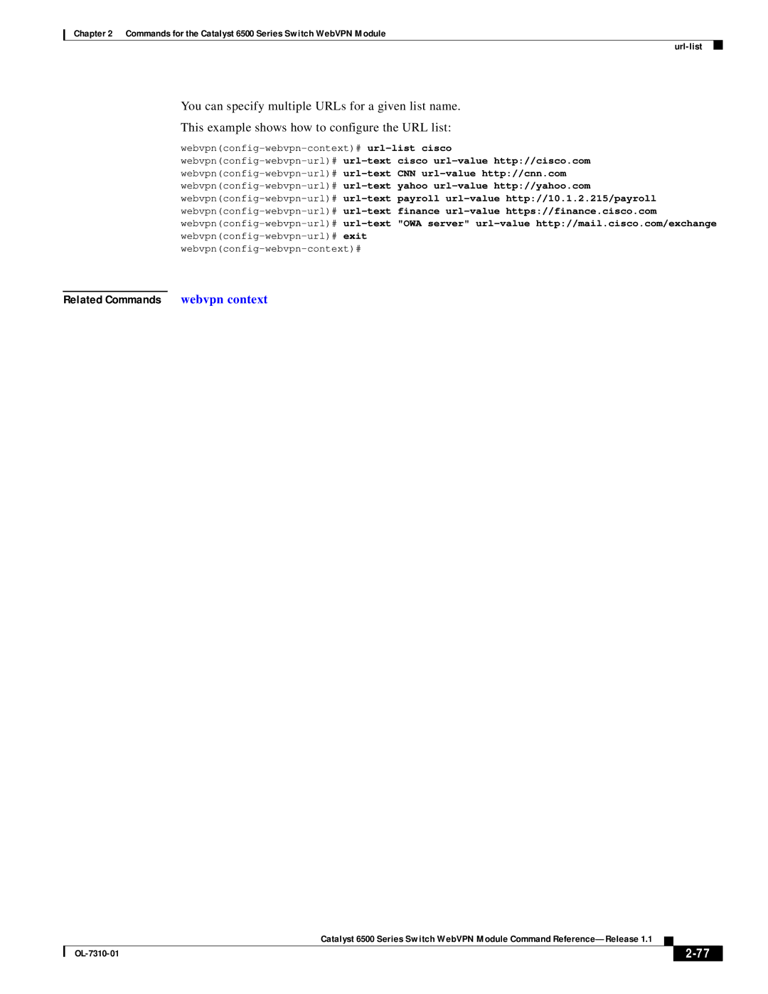 Cisco Systems 6500 manual Related Commands webvpn context 