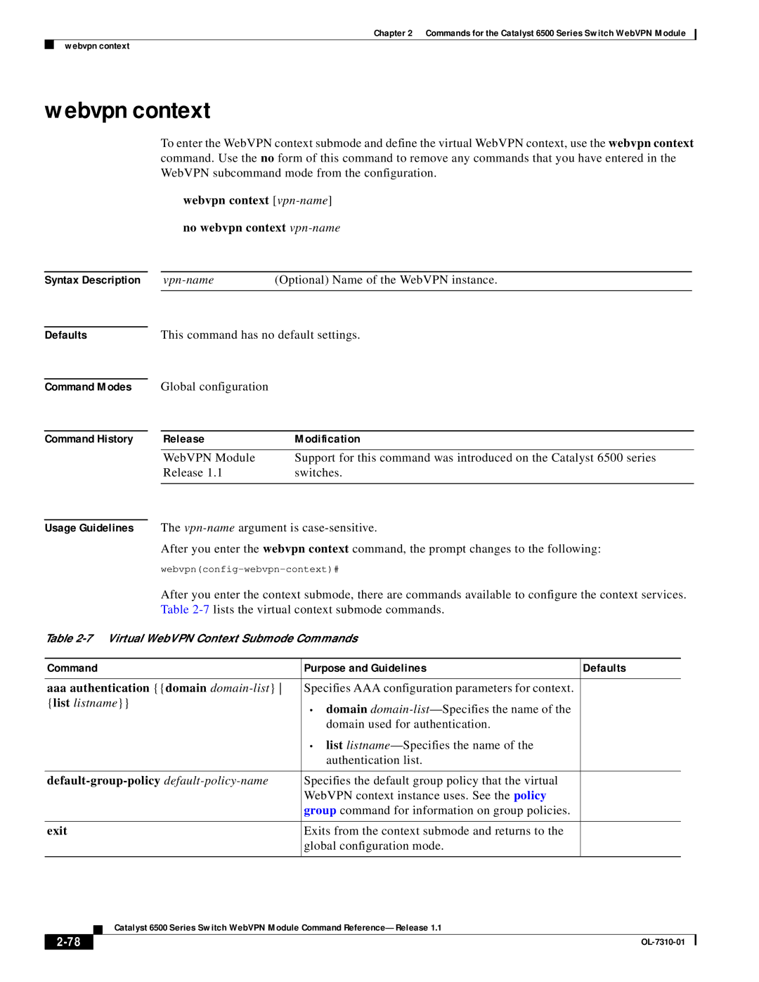 Cisco Systems 6500 manual Webvpn context vpn-name No webvpn context vpn-name, Aaa authentication domain domain-list 