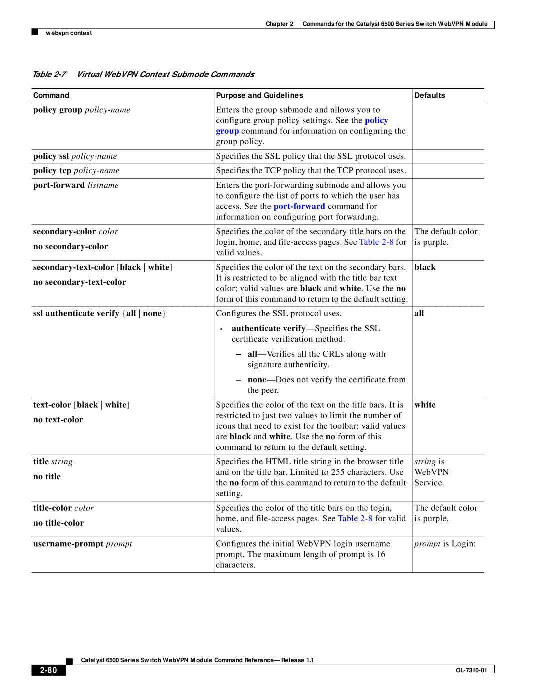 Cisco Systems 6500 Policy group policy-name, Policy ssl policy-name, Policy tcp policy-name, Port-forward listname, Black 