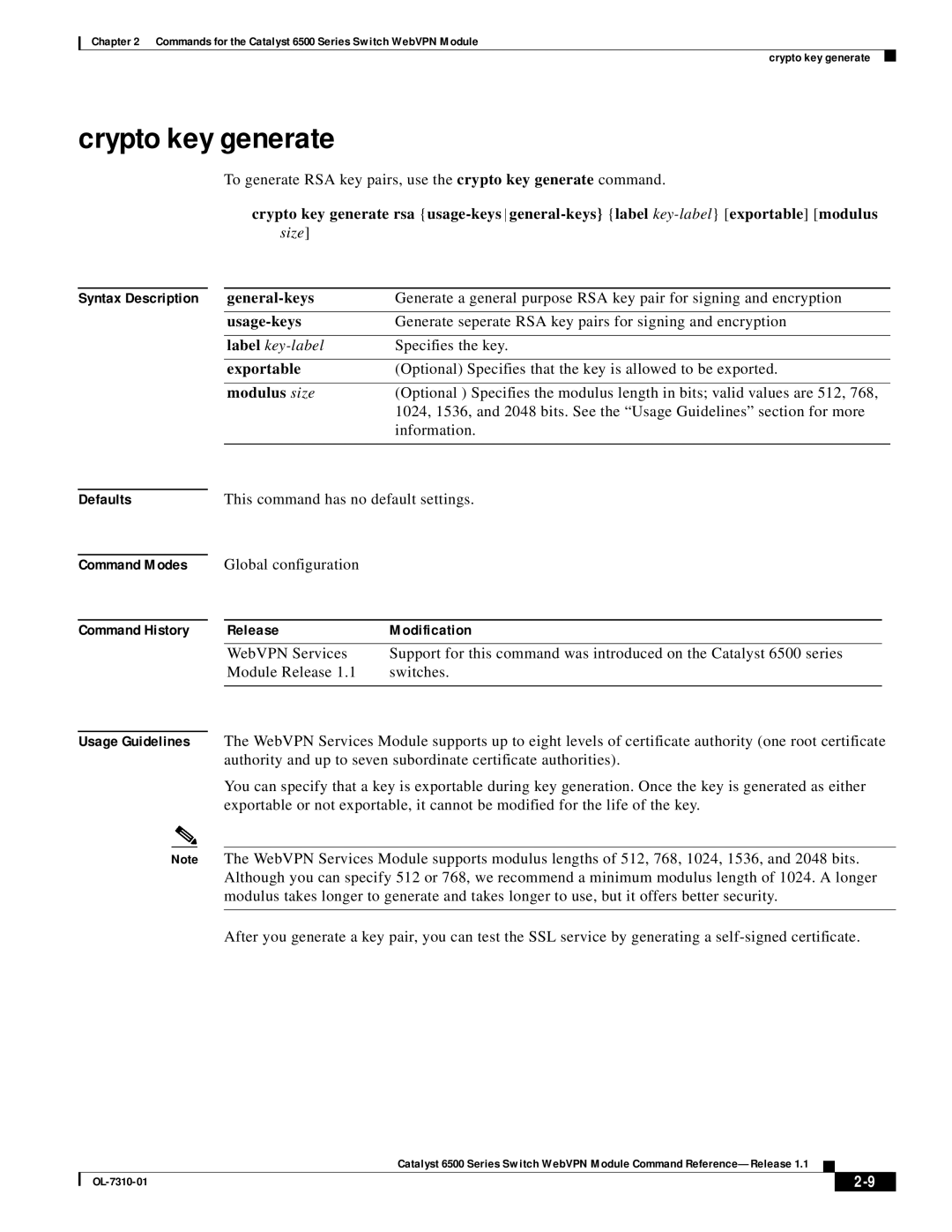 Cisco Systems 6500 manual Crypto key generate, General-keys, Usage-keys, Exportable, Modulus size 