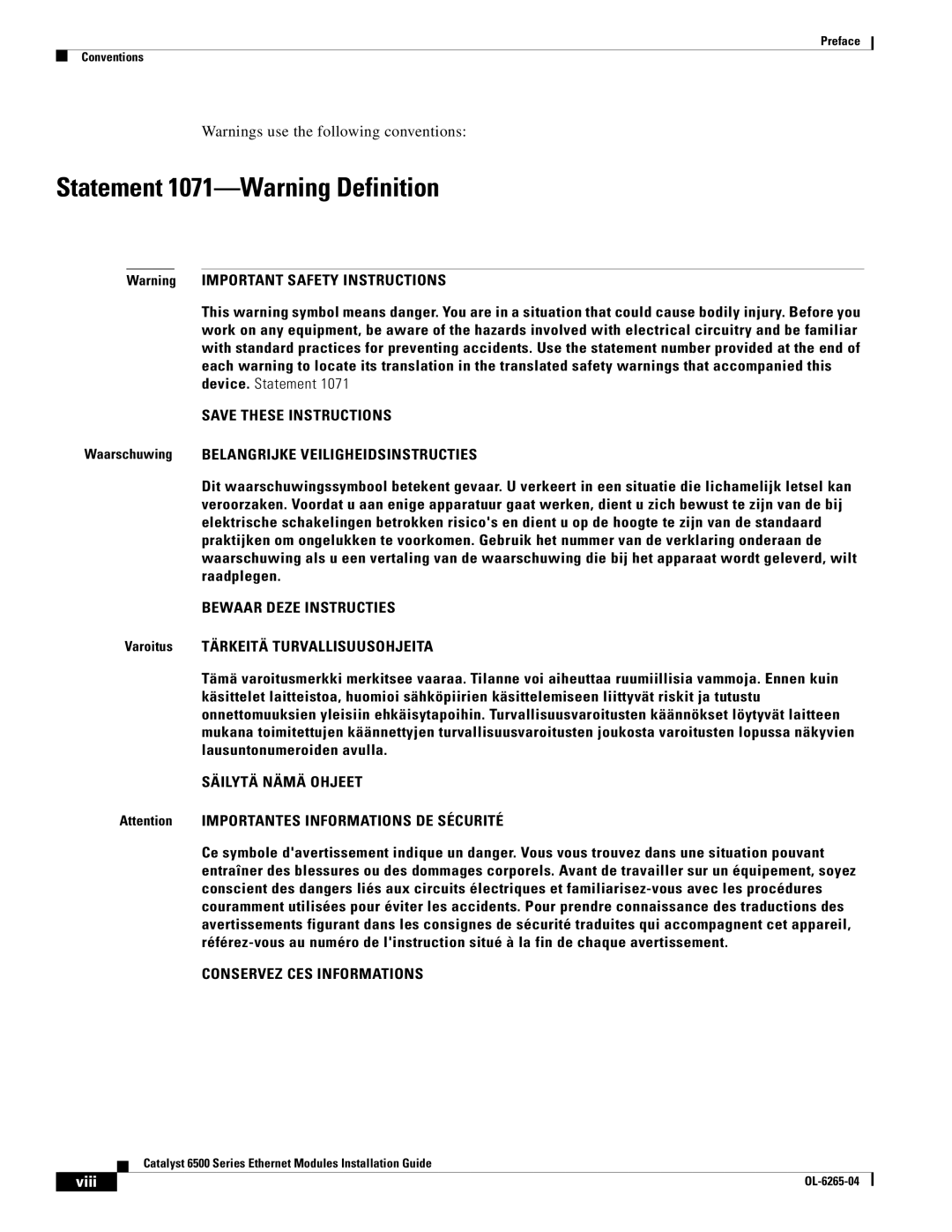 Cisco Systems 6500 manual Statement 1071-Warning Definition, Viii 