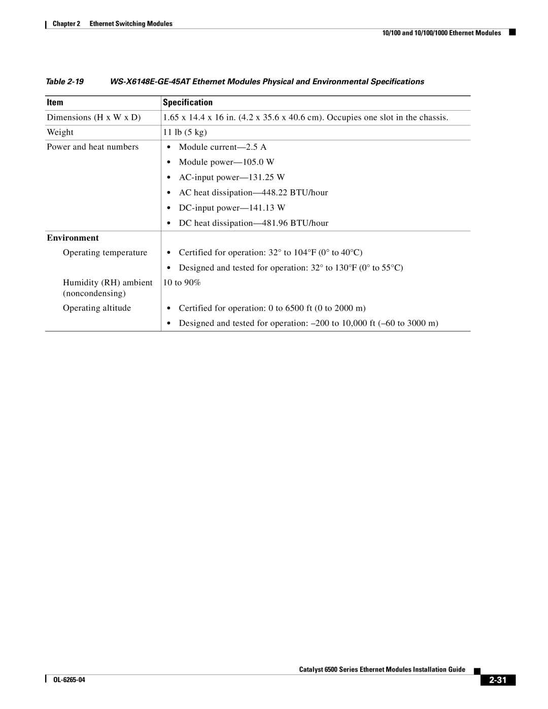 Cisco Systems 6500 manual Specification 