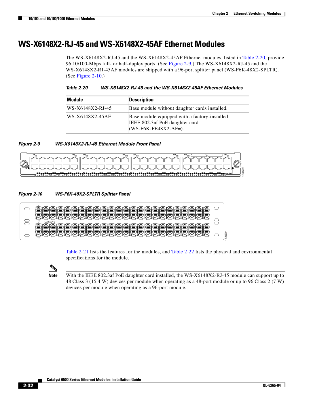 Cisco Systems 6500 manual WS-X6148X2-RJ-45 and WS-X6148X2-45AF Ethernet Modules, WS-F6K-48X2-SPLTR Splitter Panel 