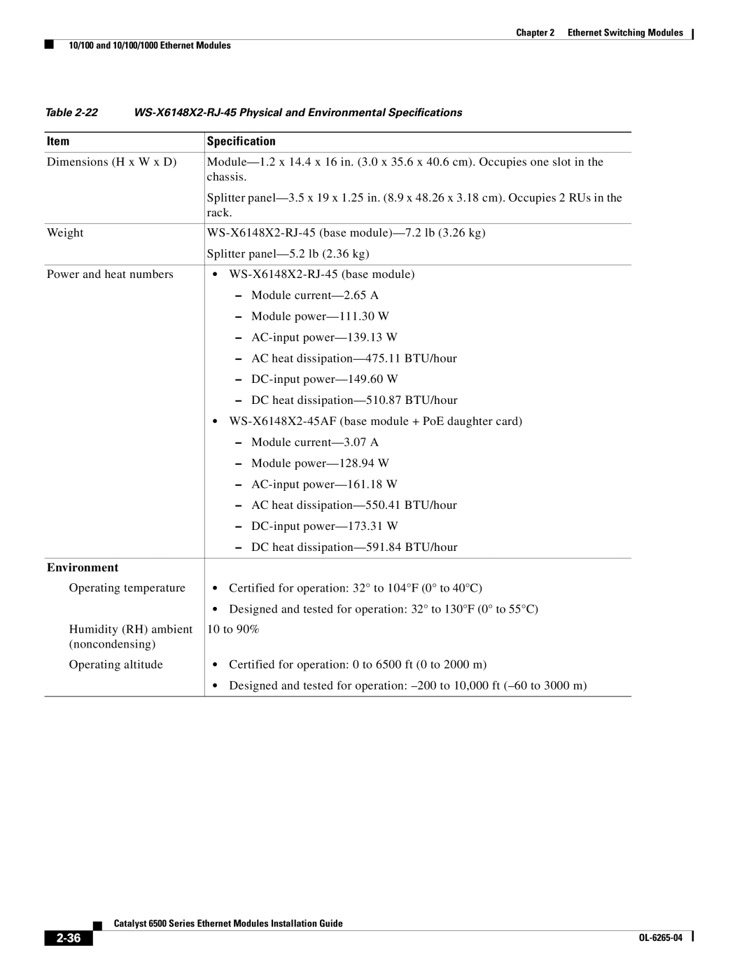 Cisco Systems 6500 manual WS-X6148X2-RJ-45 Physical and Environmental Specifications 