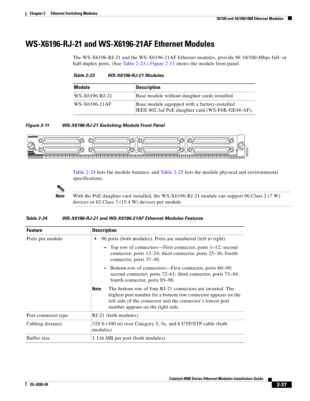 Cisco Systems 6500 manual WS-X6196-RJ-21 and WS-X6196-21AF Ethernet Modules, Module Description 