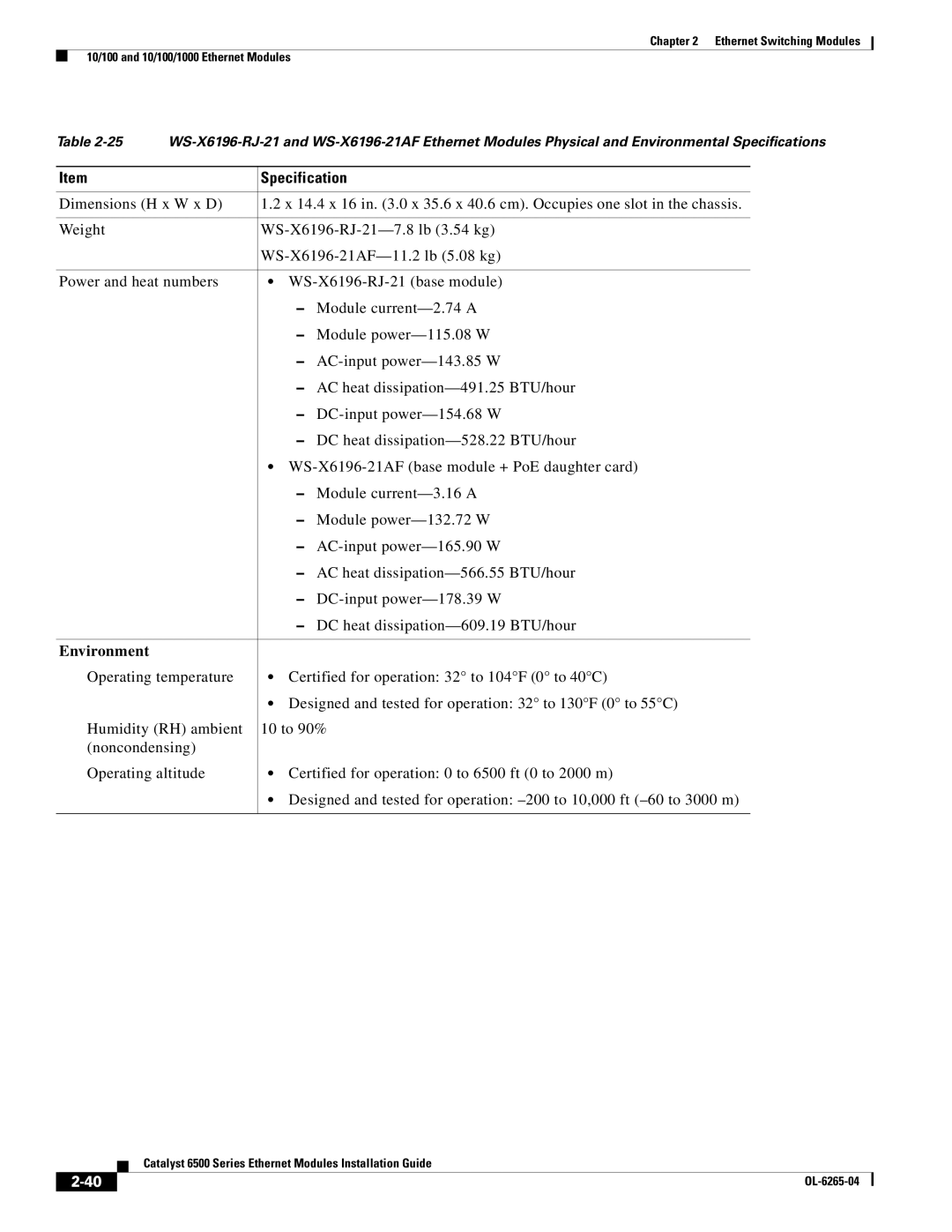 Cisco Systems 6500 manual Specification 