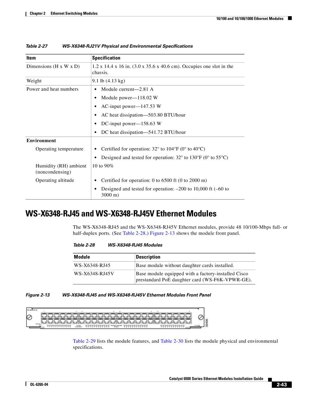 Cisco Systems 6500 manual WS-X6348-RJ45 and WS-X6348-RJ45V Ethernet Modules, Specification 