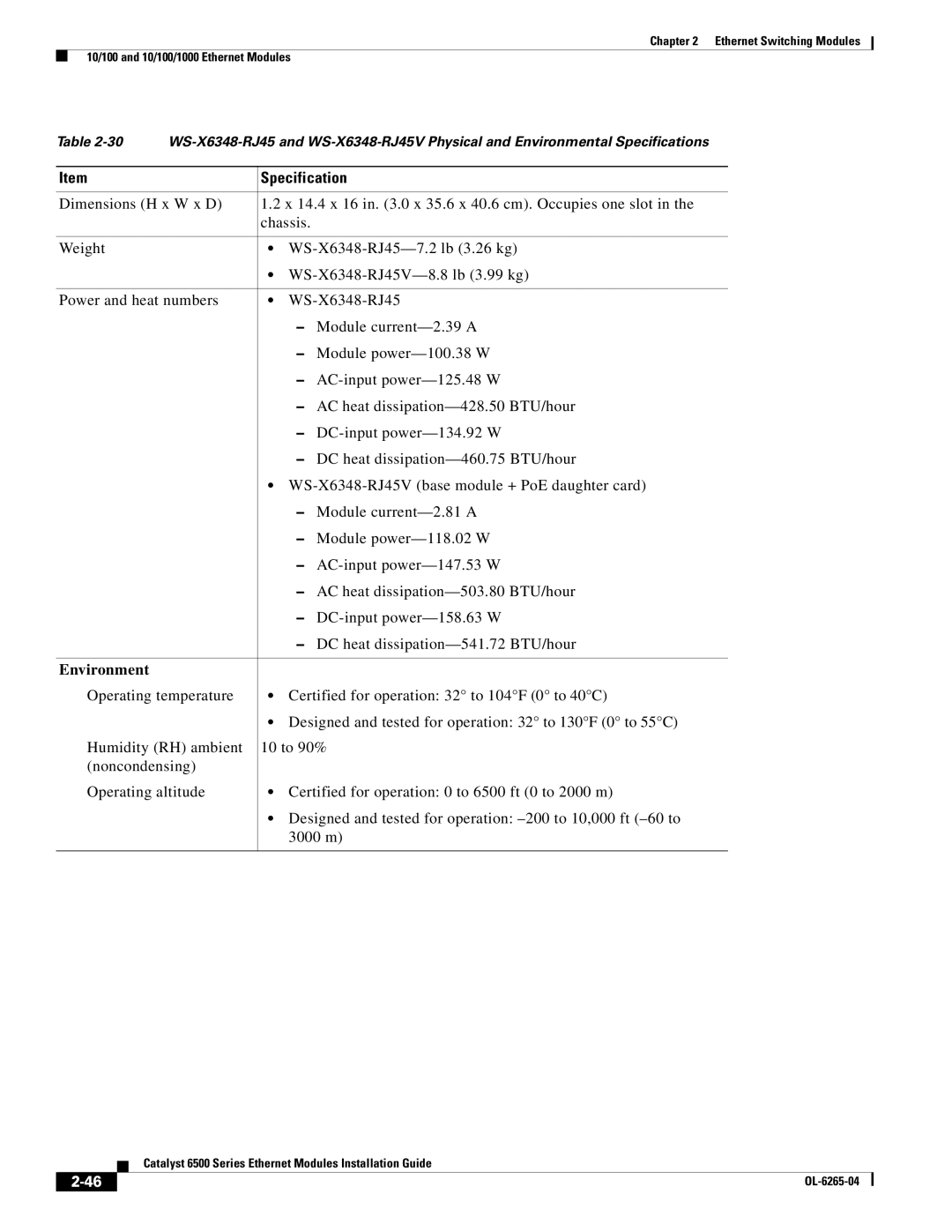 Cisco Systems 6500 manual Specification 