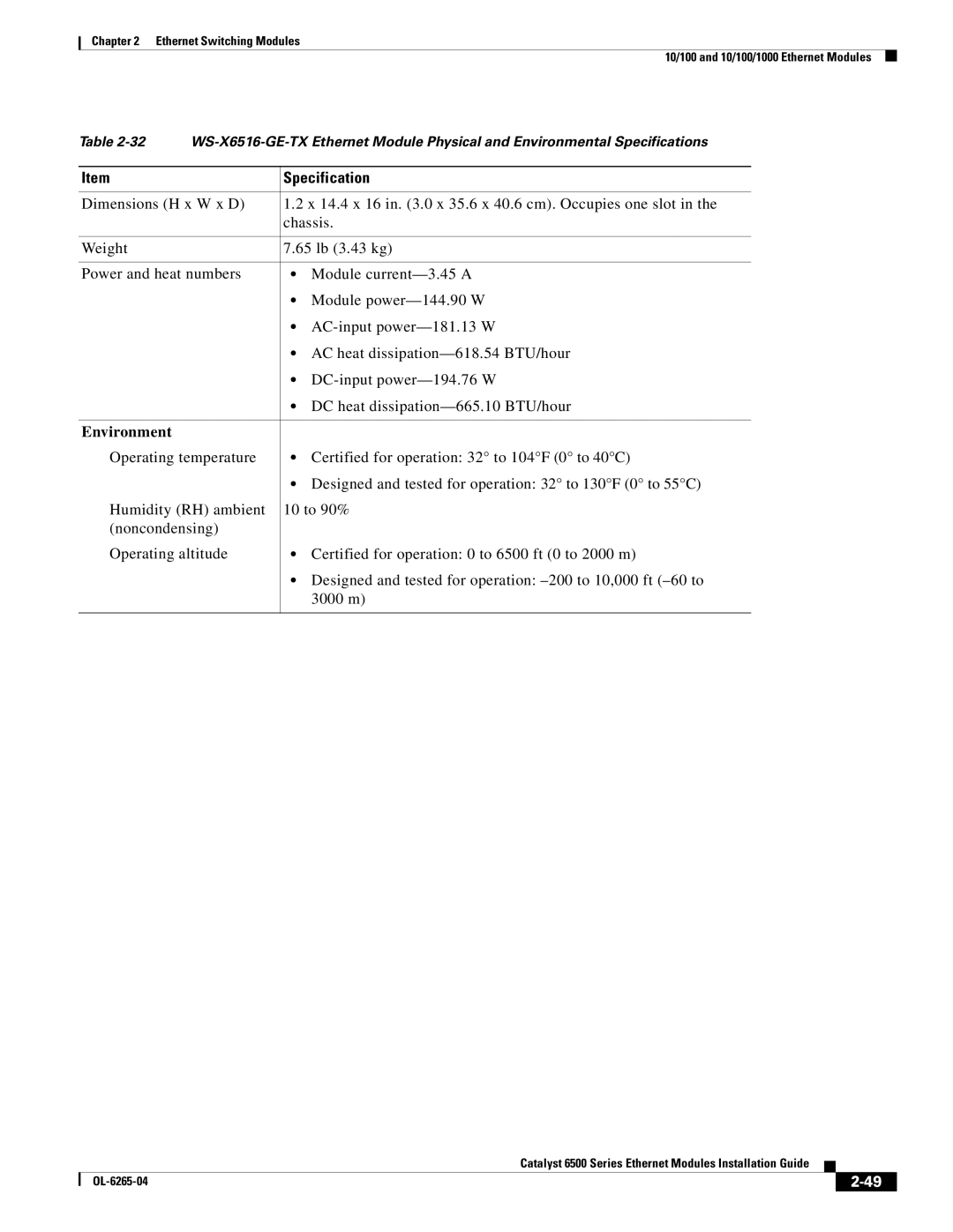 Cisco Systems 6500 manual Specification 