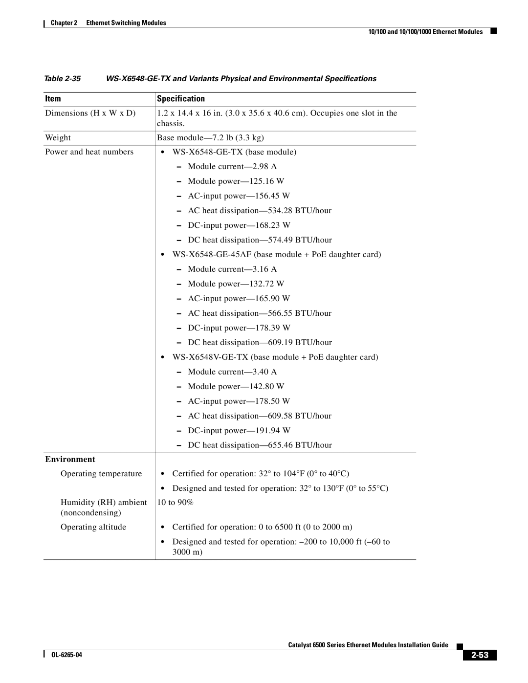 Cisco Systems 6500 manual Specification 